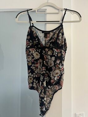 Black Floral Lace-Trim Bodysuit with Adjustable Straps